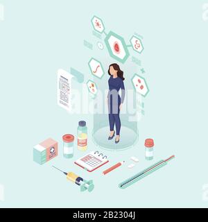 Female patient examination color vector illustration. Health diagnosing. Immunization. Medical check up. Vaccination equipment, thermometer, syringe Stock Vector