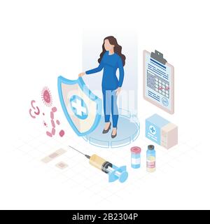 Patient vaccination flat color vector illustration. Hospital medical check up, immunization. Vaccination calendar. Young woman in blue suit, injecting Stock Vector