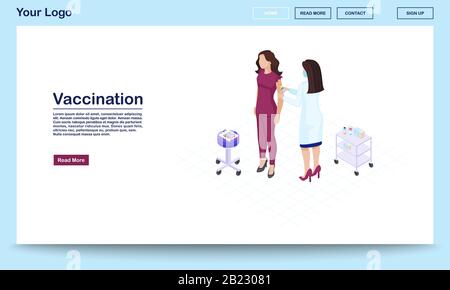 Vaccination webpage vector template with isometric illustration. Physician giving injection to patient. Woman and doctor, therapist, nurse. Website Stock Vector