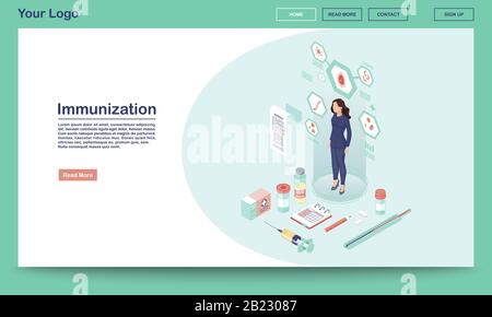 Immunization webpage vector template with isometric illustration. Patient vaccination. Vaccination service. Young woman in blue suit. Website Stock Vector