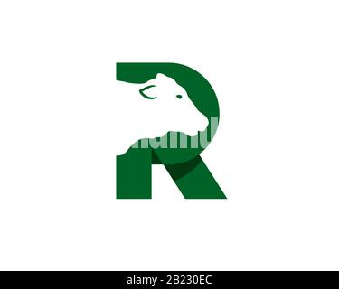 monogram anagram lettermark logo of letter R with negative space cow head inside Stock Vector