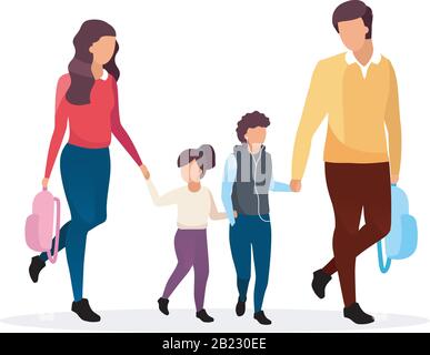 Young parents with schoolchildren flat vector illustration. Family going to school together cartoon characters. Father and mother with two preteen Stock Vector