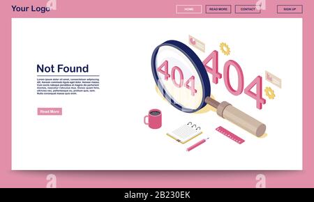 Not found standard code isometric webpage template. 404 error message in magnifying glass. Disconnected server notification landing page with text Stock Vector