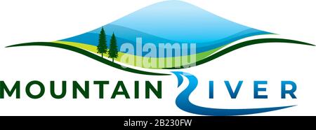 blue mountain hills meadow and river natural landscape scenery as wordmark letter R Stock Vector