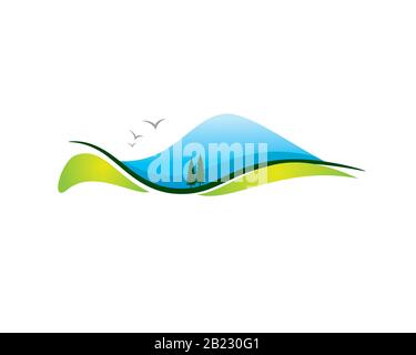 blue mountain hills meadow and river natural landscape scenery with birds Stock Vector