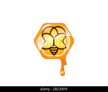 bee logo from round guide lines forming a hexagon flower inside glossy hive honey drops Stock Vector