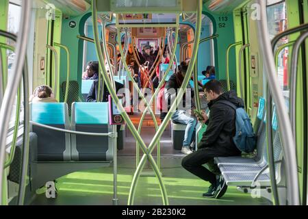 Luxemburg, Luxembourg. 29th Feb, 2020. Passengers are sitting in a tram in the city of Luxembourg. As of today, local public transport in Luxembourg is free of charge. Credit: Oliver Dietze/dpa/Alamy Live News Stock Photo