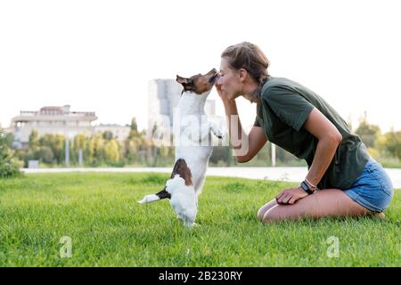 Attractive girl walk the dog. Jack Russell Terrier. Having fun playing in outdoors. Playful mood. Enjoying freedom. Friends together. Concepts of friendship, pets, togetherness Stock Photo