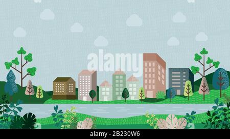 Vector illustration in simple minimal geometric flat style - city landscape with buildings, hills and trees Stock Vector