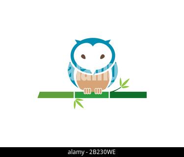 flat style owl sitting on green bamboo branch stick with leaves Stock Vector