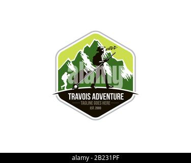 emblem logo of sherpa trekker pulling travois walking on the ground in front of mountains Stock Vector