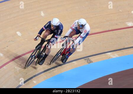 Berlin, Germany. 29th Feb, 2020. Benjamin Thomas of France and Matthew Walls of Great Britain competing in the Men's omnium scratch during day 4 of the The UCI Cycling Track World Championships, at The Veledrom, Berlin Germany. 29 February 2020 (Photo by Mitchell Gunn/Espa-Images) Credit: European Sports Photographic Agency/Alamy Live News Stock Photo