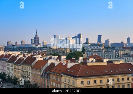 Wide city view over the Warsaw skyline in Poland with skyscrapers ...