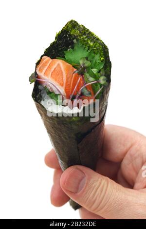 This is hand roll salmon sushi Stock Photo