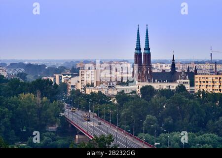 Warsaw, Poland - August 11, 2017: Beautiful panoramic view from old town of Cathedral Parish of St. Michael the Archangel and St. Florian in Warsaw. T Stock Photo