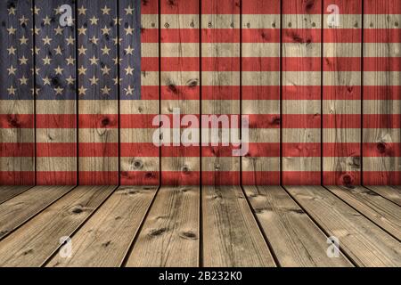 USA background. USA flag elements on wood in perspective interior room. Stock Photo