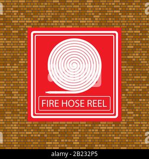 Fire Hose Reel Icon on Orange Brick Wall Stock Vector