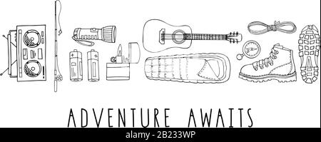 Vector set of hand drawn elements isolated on white. Hiking gear for trips. Boots, flashlight, rope, guitar, sleeping bag, compass, boombox radio Stock Vector