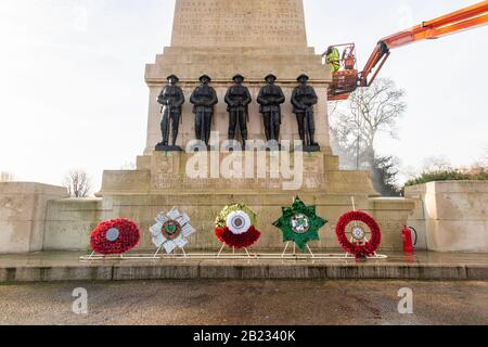 Cleaning the Guards memorial in St James's Park, London by Horseguard's Parade. Stock Photo