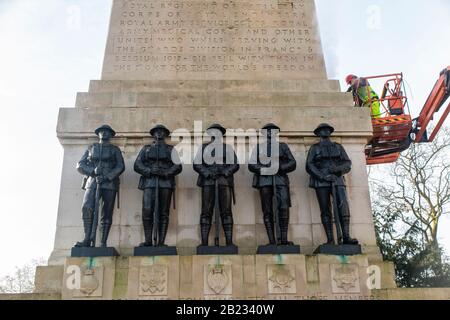 Cleaning the Guards memorial in St James's Park, London by Horseguard's Parade. Stock Photo