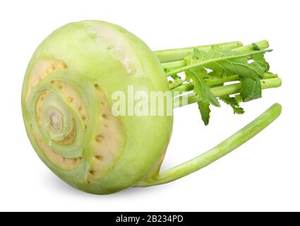 Green Kohlrabi isolated on white, Kohlrabi clipping path Stock Photo