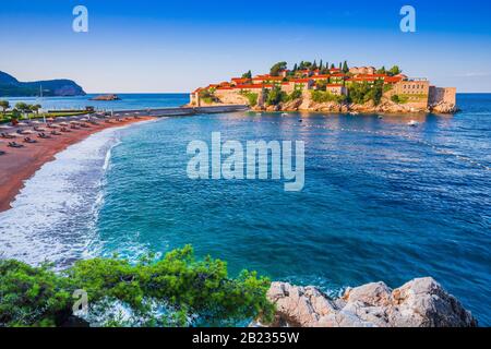 Sveti Stefan, Montenegro. Old historical town and resort on the island. Stock Photo