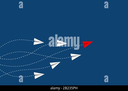 Leadership and competition concept, with red paper plane leading among white on blue background. Stock Vector