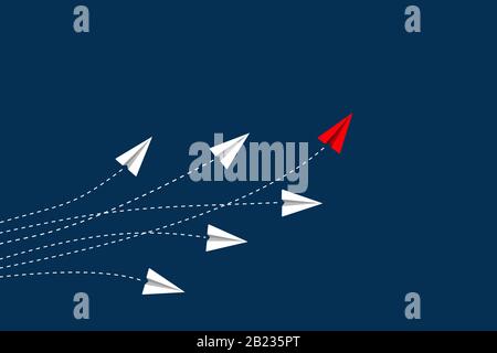 Leadership and competition concept, with red paper plane leading among white on blue background. Stock Vector