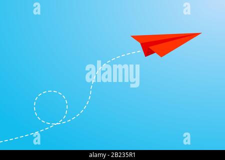 Red paper plane flying on blue sky background Stock Vector