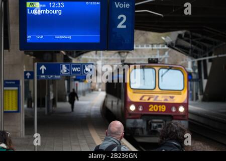 Luxemburg, Luxembourg. 29th Feb, 2020. A train of the Luxembourg Railway enters the station Pfaffenthal-Kirchberg. As of today, local public transport in Luxembourg is free of charge. Credit: Oliver Dietze/dpa/Alamy Live News Stock Photo
