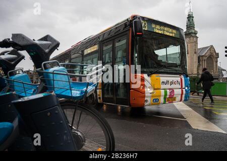Luxemburg, Luxembourg. 29th Feb, 2020. A bus of the city of Luxembourg is parked in front of the central station. As of today, local public transport in Luxembourg is free of charge. Credit: Oliver Dietze/dpa/Alamy Live News Stock Photo