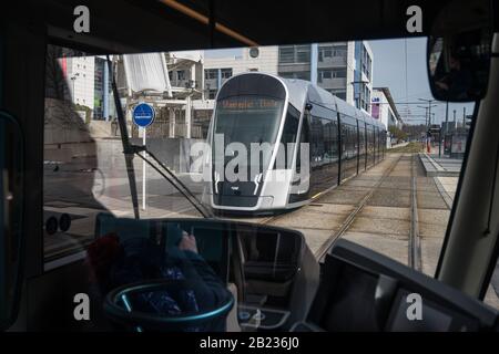 Luxemburg, Luxembourg. 29th Feb, 2020. Two trams of the city of Luxembourg pass each other. As of today, local public transport in Luxembourg is free of charge. Credit: Oliver Dietze/dpa/Alamy Live News Stock Photo