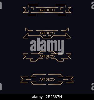 Abstract Art Deco style banner design set on black background. Golden outline geometric template for presentation, poster, flyer, cover, backdrop. Stock Vector