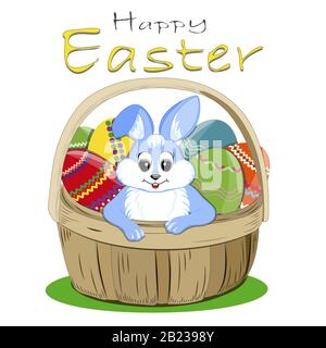 Rabbits with Easter eggs in a basket. Happy Easter text.Isolated white. Vector. Stock Vector