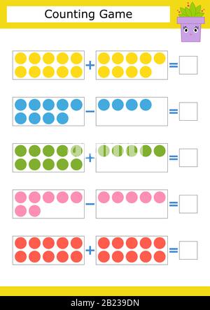 Counting game for preschool children. The study of mathematics. Addition and subtraction. Colored circles. With a place for answers. Simple flat isola Stock Vector