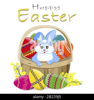 Rabbits with Easter eggs in a basket. Happy Easter text.Isolated white. Vector. Stock Vector