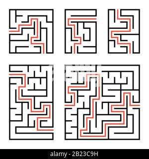 A set of square and rectangular labyrinths with entrance and exit. Simple flat vector illustration isolated on white background. With the answer Stock Vector