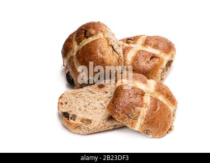 Easter  wholemeal hot cross buns isolated on white Stock Photo