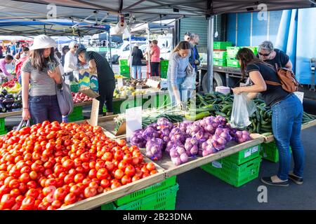 Fruit and vegetable stall at Takapuna Sunday Market, Anzac Street, Takapuna, North Shore, Auckland, Auckland Region, New Zealand Stock Photo