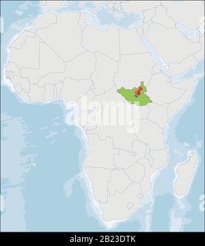 Republic of South Sudan location on Africa map Stock Vector