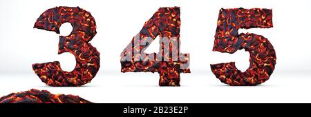 Volcanic alphabet numbers 3, 4, 5. 3D render of volcanic font white burning lava isolated on white background. Stock Photo