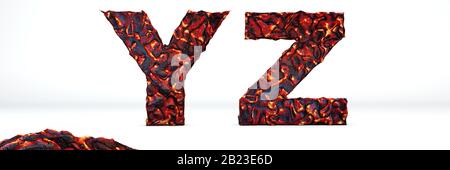 Volcanic alphabet letters Y, Z. 3D render of volcanic font white burning lava isolated on white background. Stock Photo