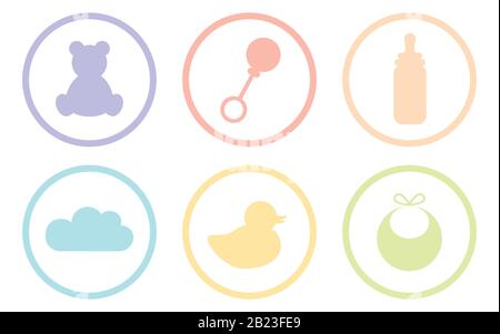 baby symbol icon isolated on white background teddy rattle bottle bib duck and cloud vector illustration EPS10 Stock Vector