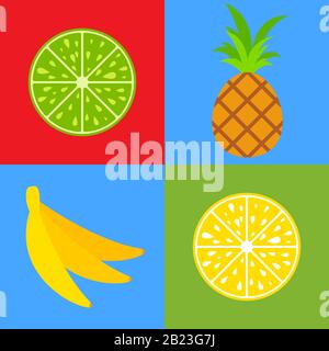 Set of colored isolated mouth-watering fruits. Bright tropical food. Lemon, lime, pineapple, kiwi, banana. Simple flat vector illustration Stock Vector