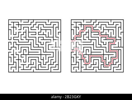 Abstract square maze. Simple flat vector illustration isolated on white background. With the answer Stock Vector