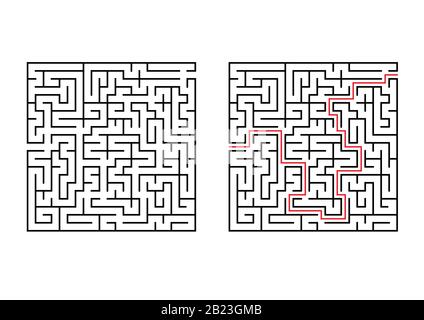Abstract square maze. Simple flat vector illustration isolated on white background. With the answer Stock Vector