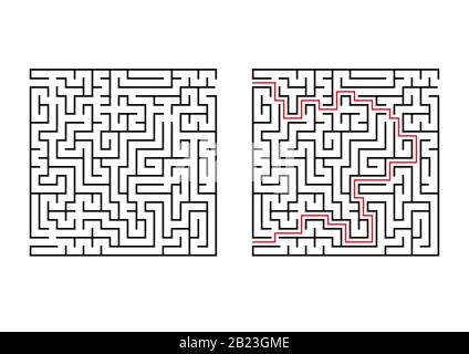 Abstract square maze. Simple flat vector illustration isolated on white background. With the answer Stock Vector