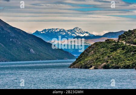 Lake Wakatipu, The Remarkables mountain range in distance, from Devil Staircase viewpoint, Otago Region, South Island, New Zealand Stock Photo