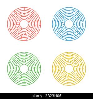 Abstract round maze. A set of four labyrinths. An educational game for children and adults. Simple flat vector illustration isolated on white backgrou Stock Vector