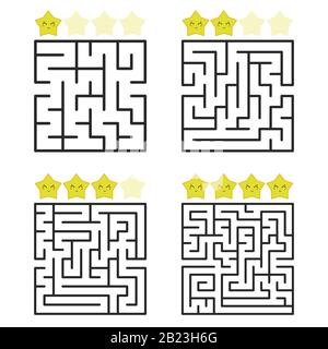 A square labyrinth with an entrance and an exit. A set of four options from simple to complex. With a rating of cute cartoon stars. Vector illustratio Stock Vector